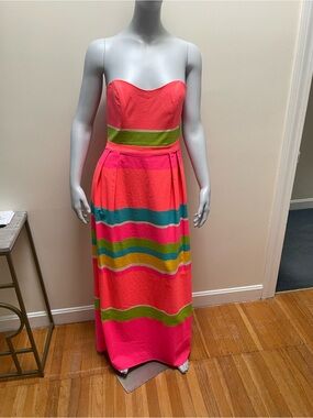 JB by Julie Brown Strapless Neon Coral & Lime Striped Maxi Dress with Pockets.
